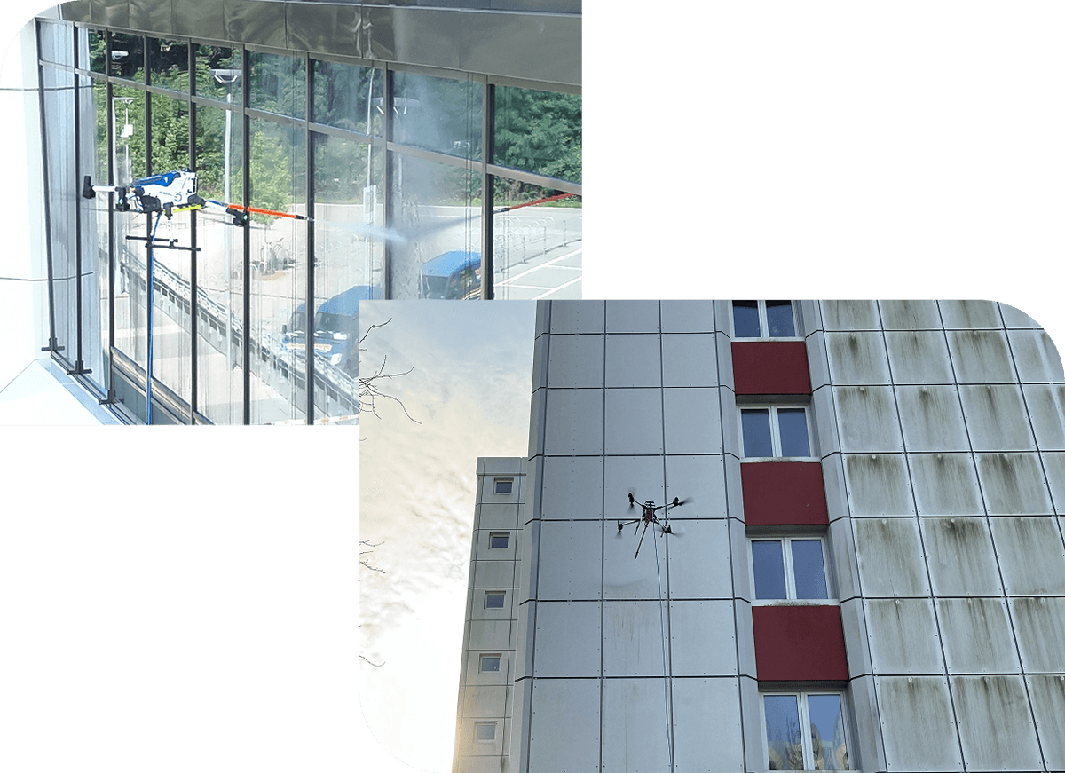 Reinigungsdrohne im Einsatz an einer Fassade